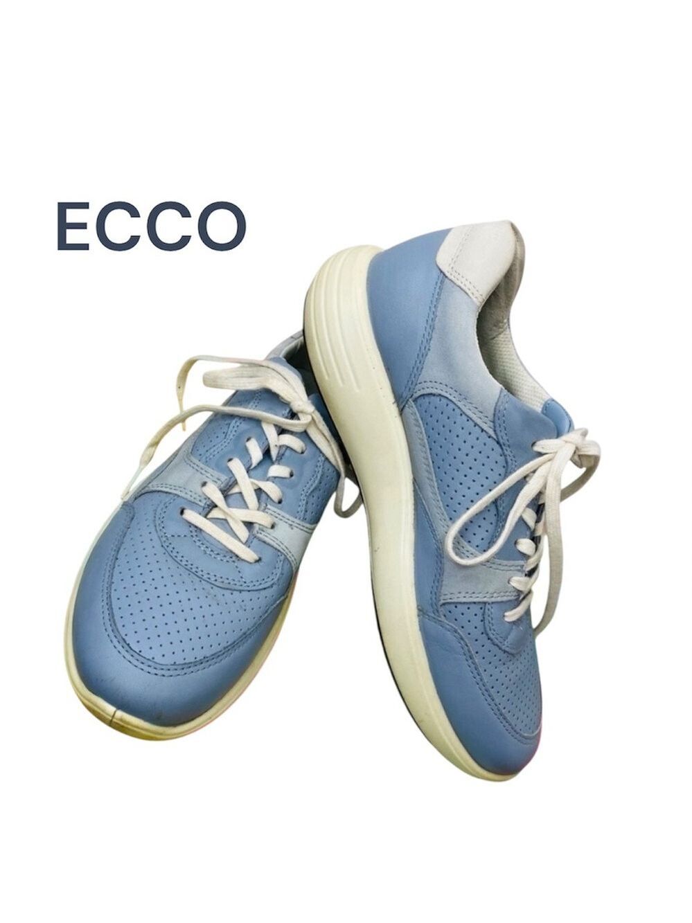 Ecco Blue Leather Walking Sneakers Shoes Size 7 Extra Width